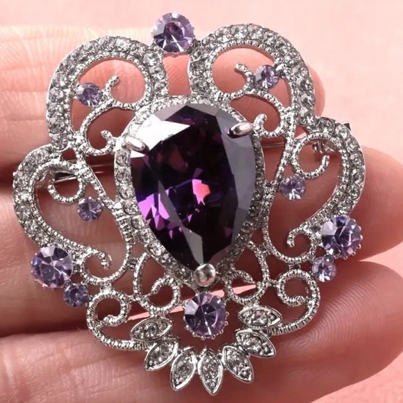 Brooch Rhinestone Elegant Filigree Purple Crystal Pin Sparkle Pear Shape Stone - Picture 2 of 5